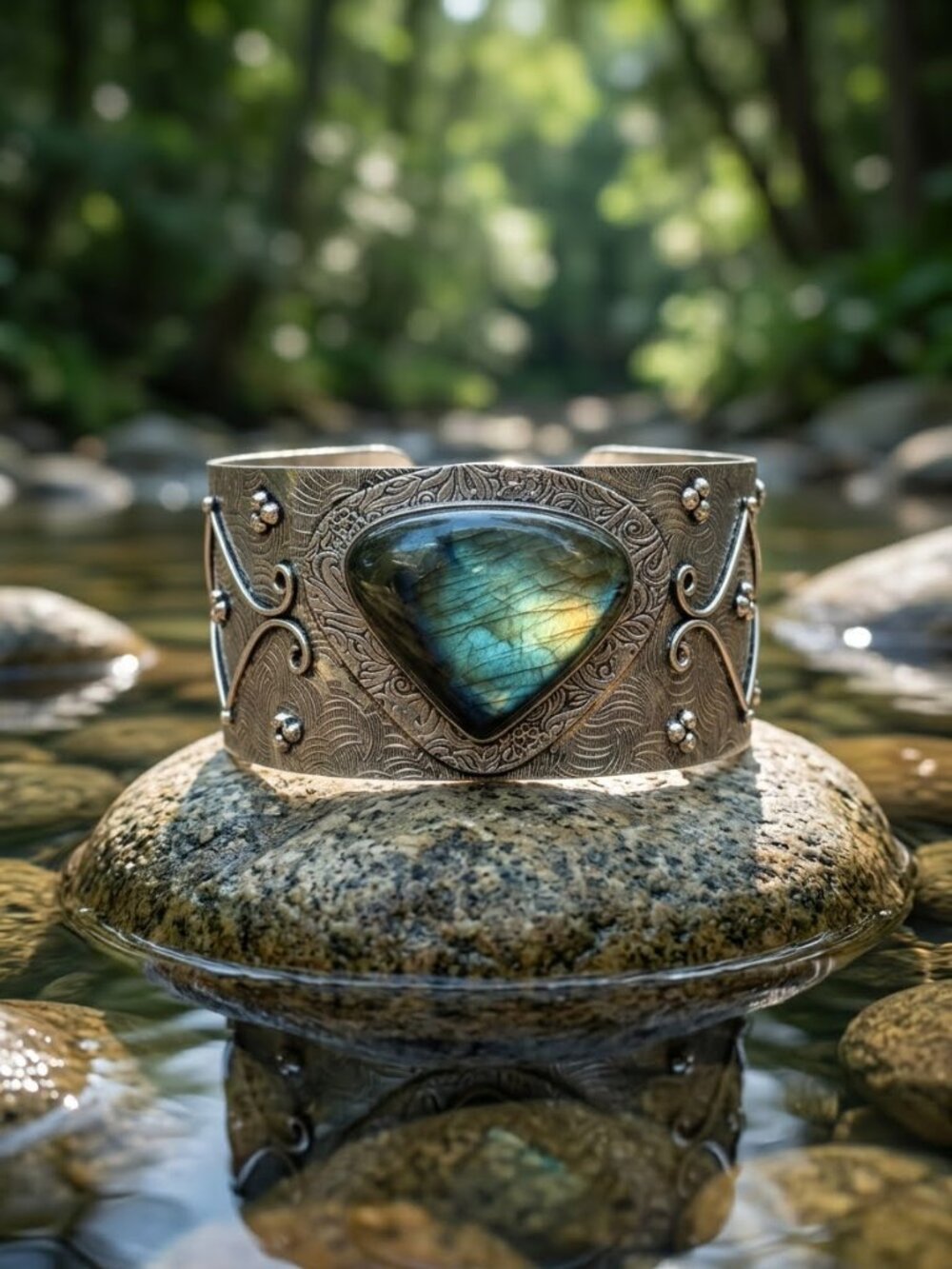 925 Silver Genuine Labradorite Artisanal Wide Open Cuff Bracelet Boho Statement - Picture 16 of 16